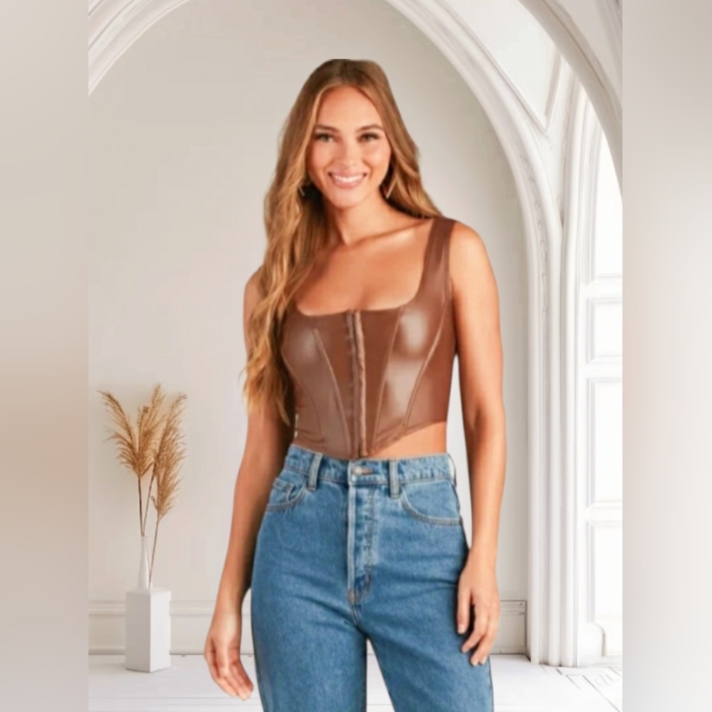 Touch Me Chic Taupe Brown Faux Leather Crop Top Size L LNC